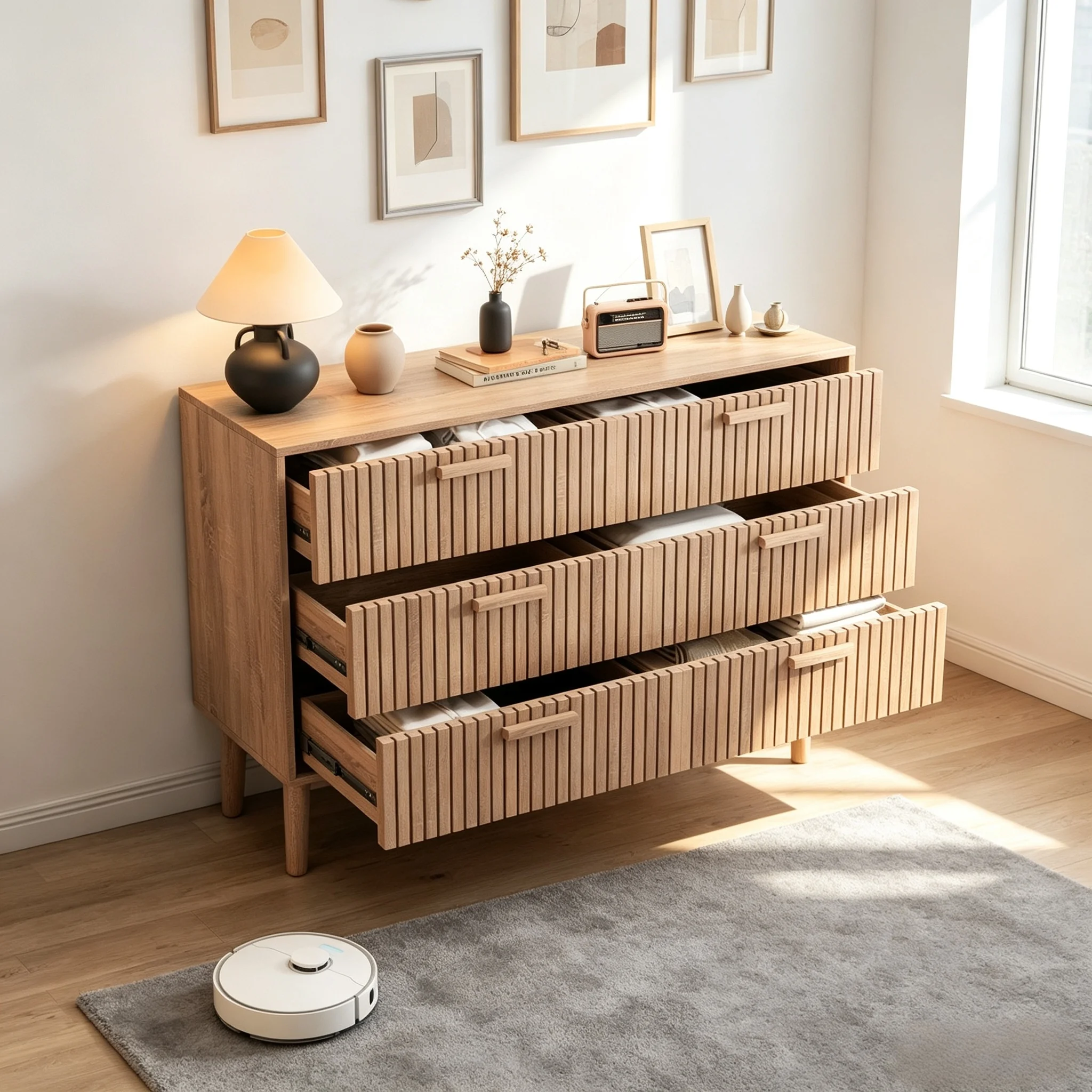 Commode à tiroirs en bois rainuré Fangange, armoire de rangement moderne à 4/5/6 tiroirs, unité d'organisation autonome pour chambre à coucher, salon, couloir, entrée