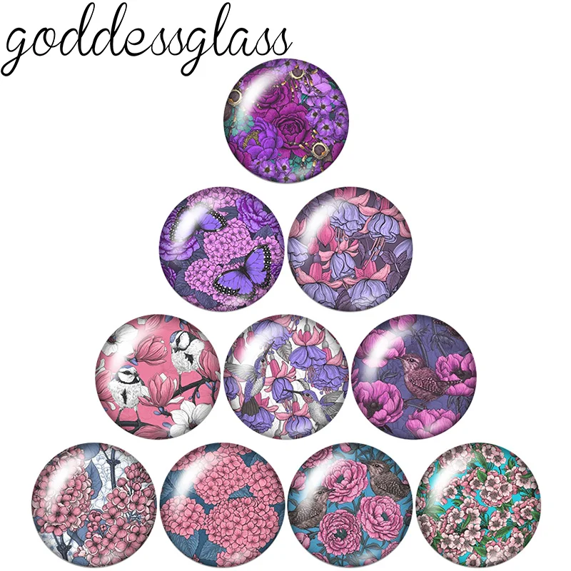 New Pink Purple flowers Butterfly Birds 10pcs 12mm/18mm/20mm/25mm Round photo glass cabochon demo flat back Making findings