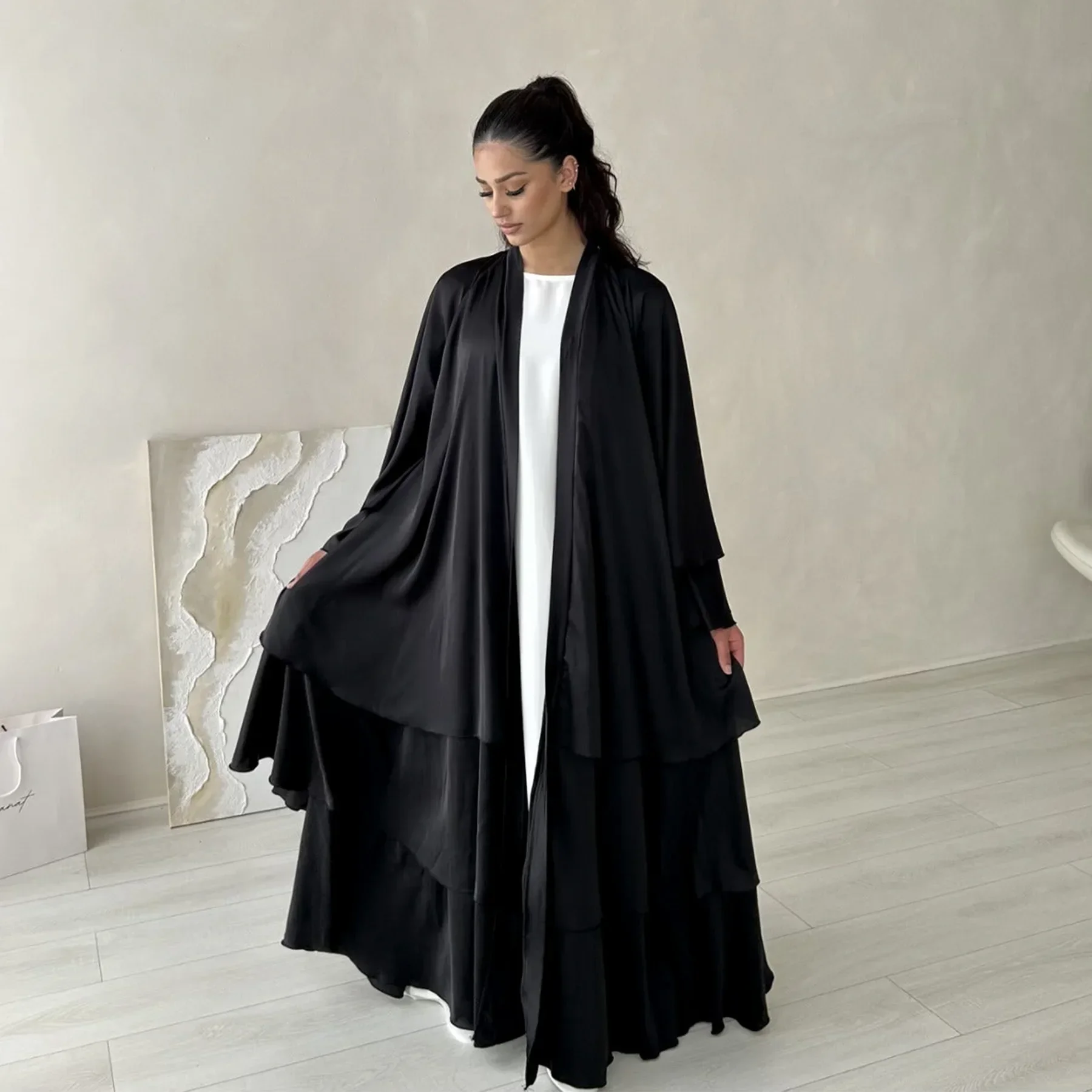 ใหม่ซาตินเปิด Abaya Kimono ธรรมดา Abayas สําหรับผู้หญิงดูไบหรูหราตุรกีมุสลิม Hijab Kaftan Robe Ramadan เสื้อผ้าอิสลาม