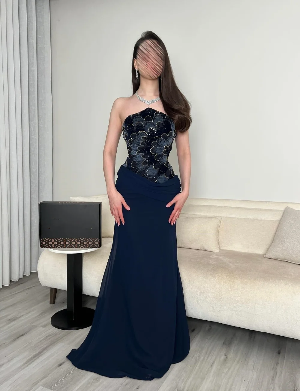 

Customized Navy Blue Intricate High Quality Jersey Beading Sequined Draped Mermaid Strapless Floor-Length Evening Dresses Retro