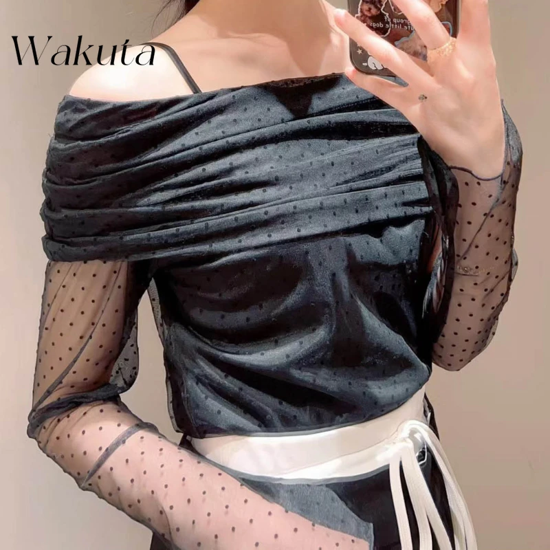 WAKUTA Vroege lente Japanse zoete één hals off-shoulder blouse korset top harajuku stijl doorschijnende chiffon slanke gebreide trui