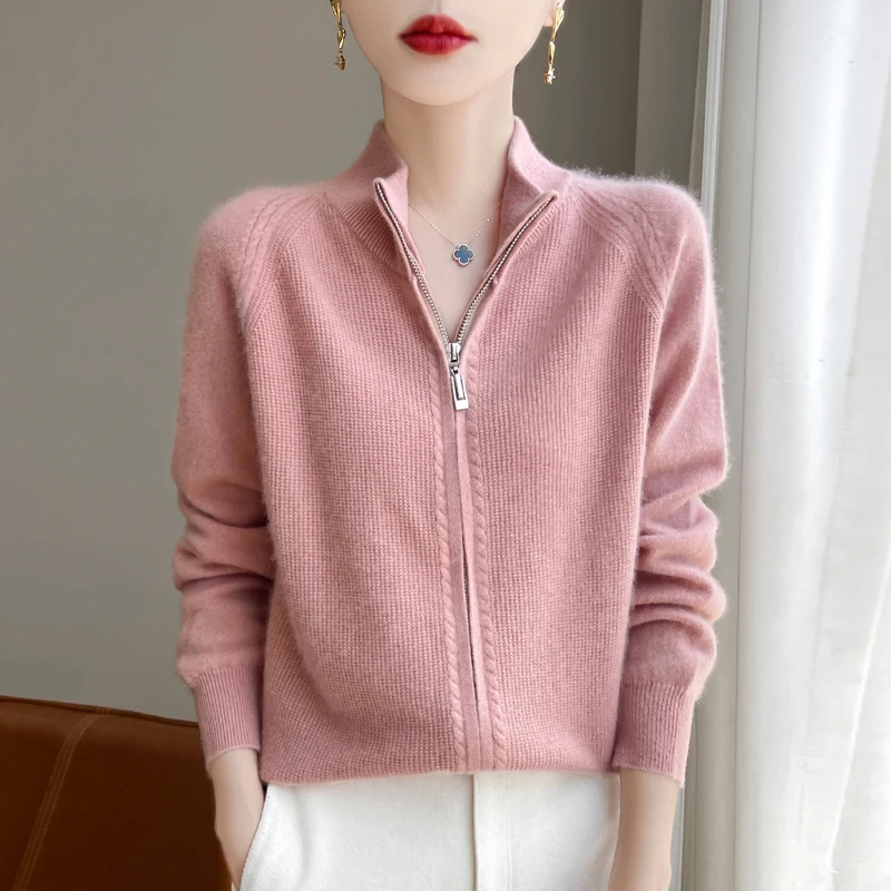 100% Merino Wool Sweater Stand Collar Zipper Cardigan Autumn Winter Women's Round Neck Knit Cardigan Fashion Patchwork Knit Top