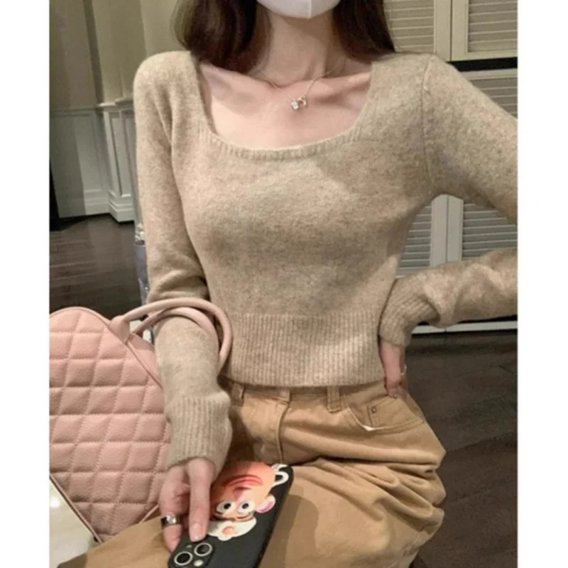 Women Autumn Sweet New Fashionable Slimming Short Knitted Sweater Female Retro Square Neck Long Sleeve Slim Knitted Pullover