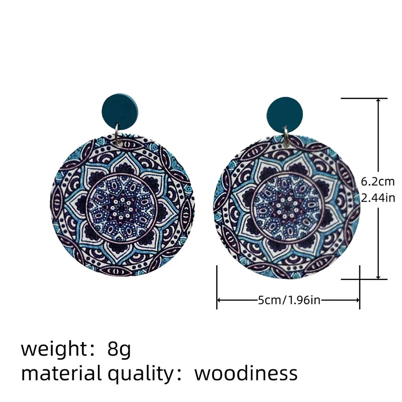 Ethnic Vintage Round Printed Wooden Earrings for Women Simple Muticolor Flower Pattern Drop Earring Daily Party Jewelry view 6