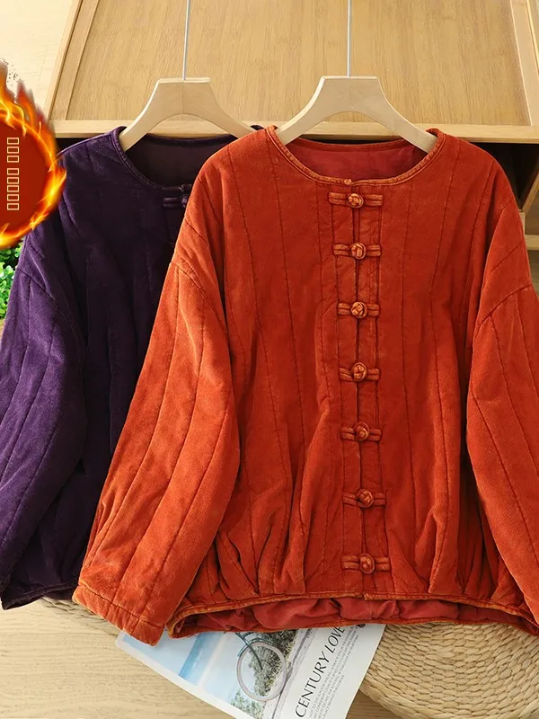 

Женское стеганое вельветовое пальто из хлопка Thiened, зимнее винтажное хлопковое бархатное хлопковое пальто с китайскими пуговицами в тонкую полоску