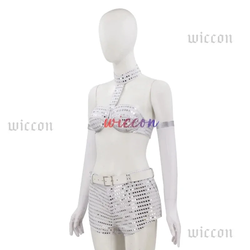 Movie Austin Powers Cosplay Woman Robot Costume Sexy Top Bra shorts Suit Stage Performance Outfit Halloween Party Sliver Clothes