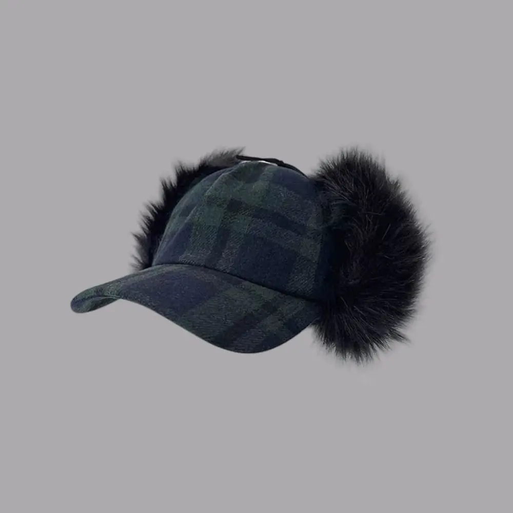Versatile Faux Fur Pilot Hat Plaid Pattern Lining Baseball Caps Warm Insulation Ear Flaps Bomber Cap Casual Daily Wea