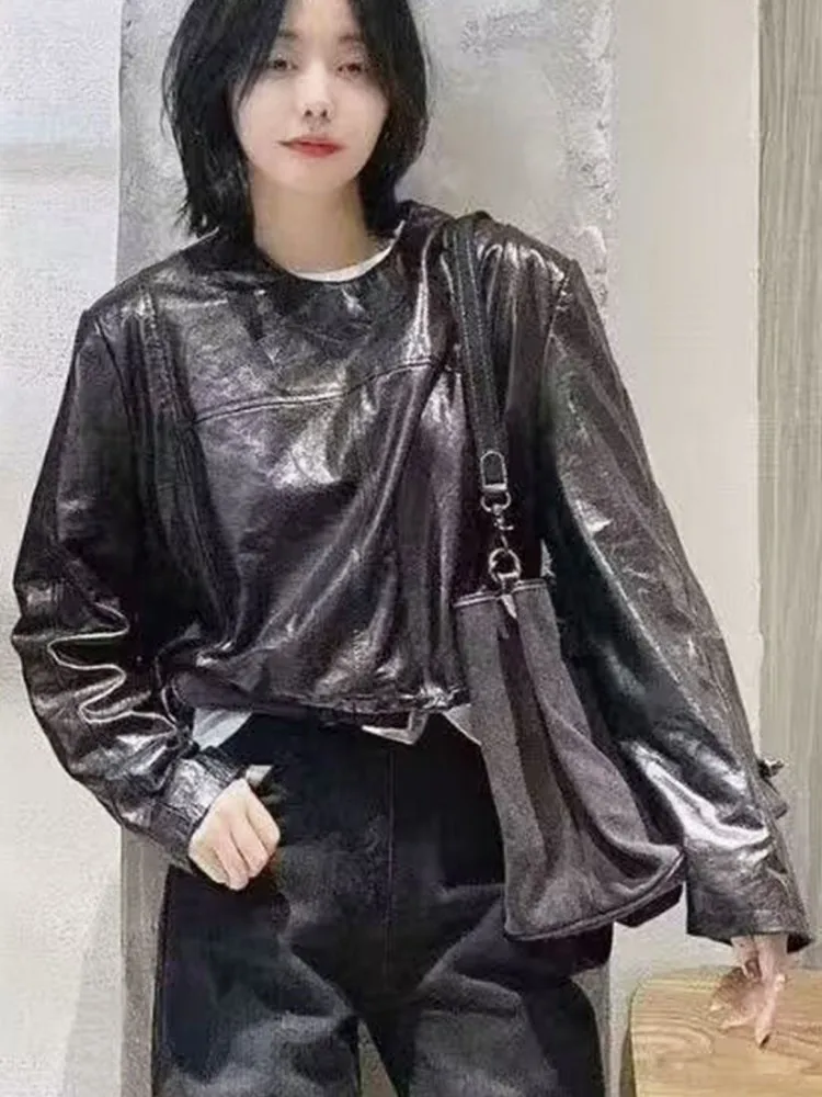 オフィス女性ラウンドネック本革ショートジャケットルーズソリッドカラーシープスキンジッパー長袖牛革アウター