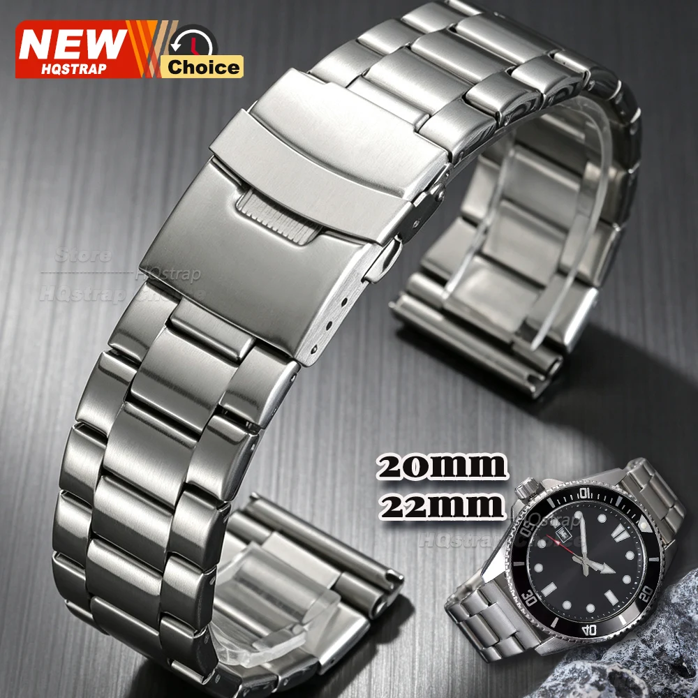 Neues 20mm 22mm Edelstahl-Uhrenarmband mit drei Gliedern, flachem Ende, Metall-Uhrenband mit Faltschließe, universelles Armband für Damen und Herren.