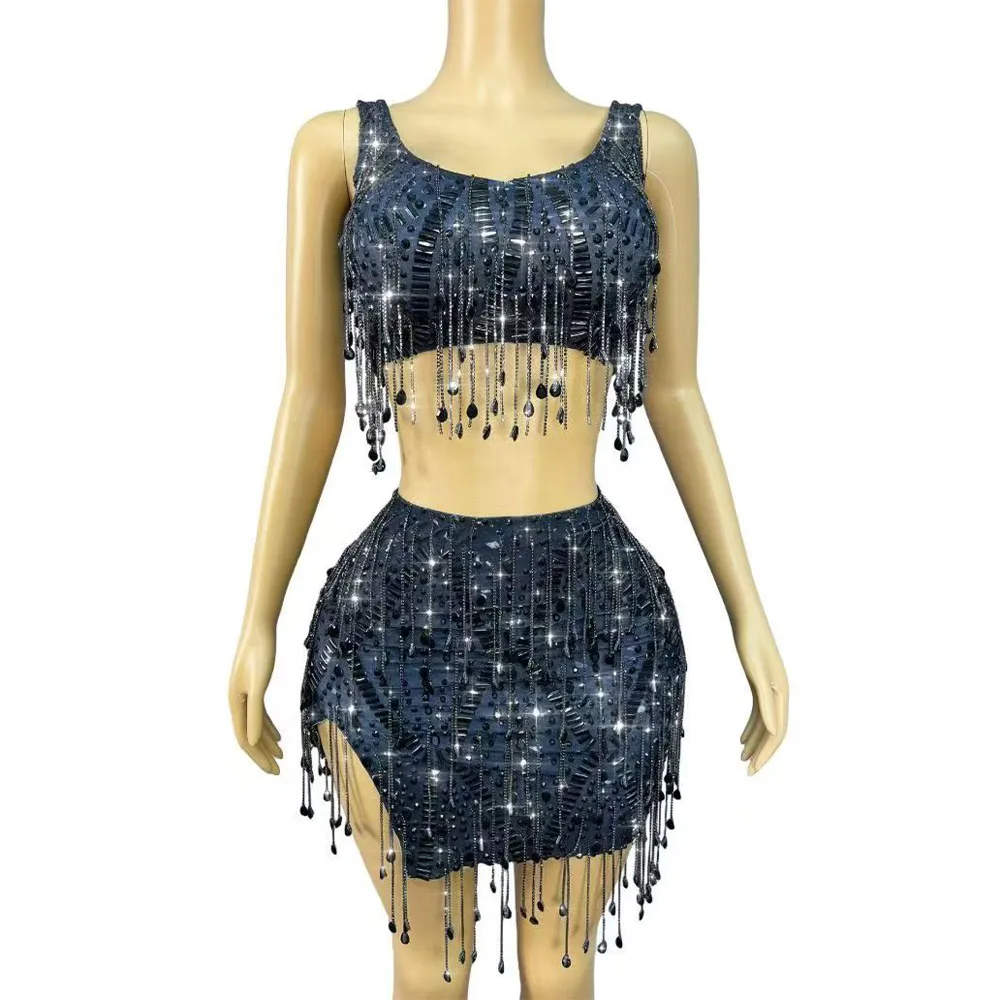 

Sexy Flashing Rhinestones Crystals Fringes Outfit Top Skirt Set Halloween Costume Birthday Party Show Photoshoot Stage Wear