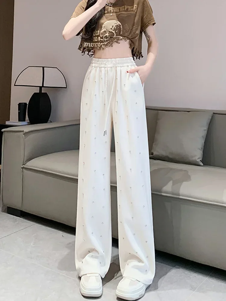 Heavy Industry Hot Diamond Wide Leg Pants for Women\'s Spring New Casual High Waist Loose Straight Tube Drop Floor Dragging Pants