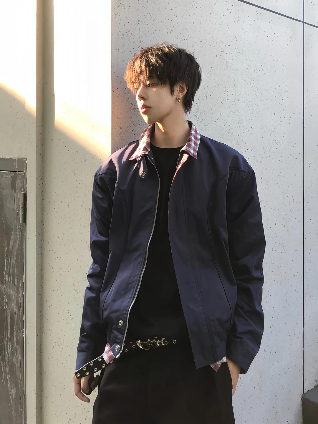 

Мужская бейсбольная куртка-харрингтон синего цвета в клетку, с эффектом двухслойности, осенняя, винтажная, с ярким дизайном, приталенного кроя