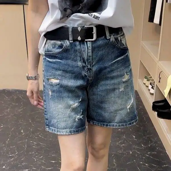 High Waist Wide Leg Jeans Women's Summer 2026 Loose Fit Cotton Denim Shorts Four Parts Casual Versatile Slimming Shorts