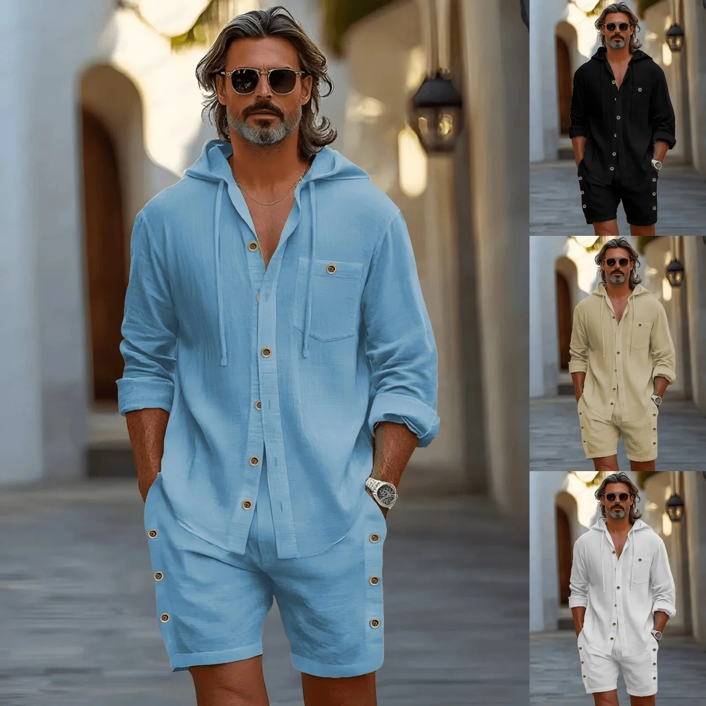 

Summer Men's Sporty Trend Cotton Linen Hooded Long-Sleeved Short Set Solid Color Casual Beach Vacation Outfit Set Of Clothing