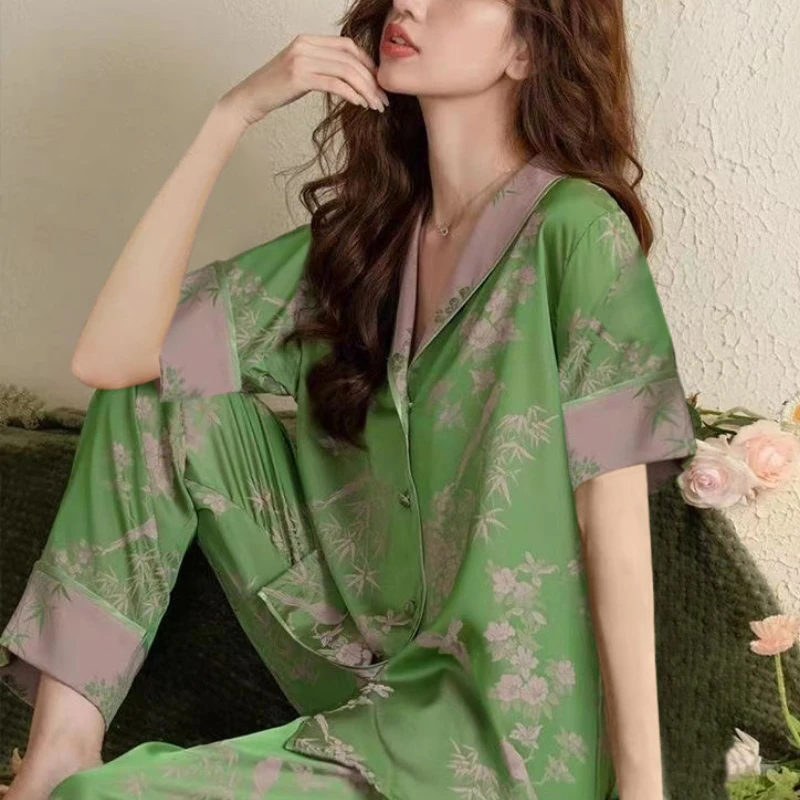 Silk Sleepwear Women Short Sleeve Top Pants Pajama Sets Luxury Brand Loungewear Print Eveningwear Nightwear Korean Fashion