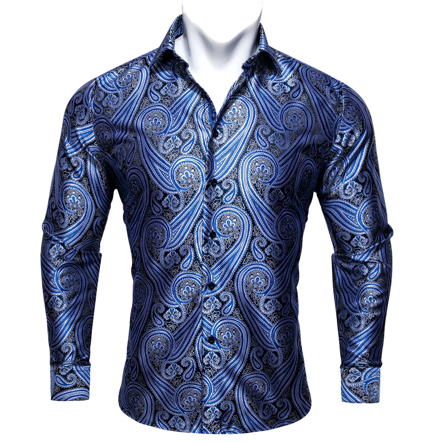 Barry.Wang Exquisite Blue Silk Paisley Men Shirt Four Seasons Lapel Long Sleeve Embroidered Leisure Fit Party Wedding CY-0413