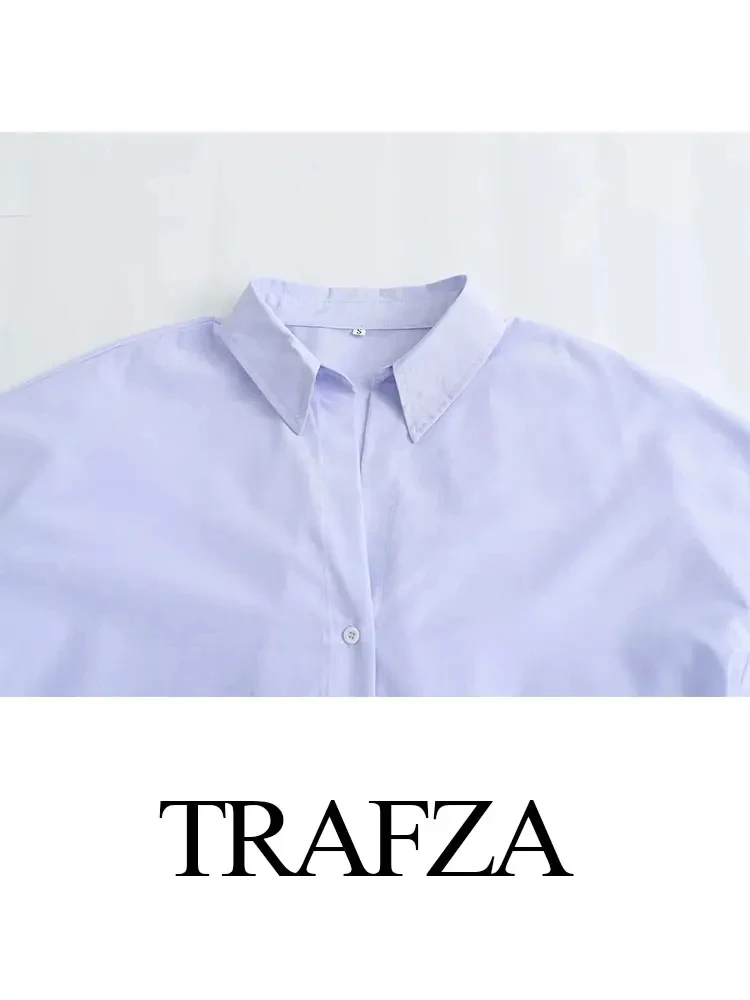 TRAFZA 2024 Summer Fashion Solid Blue Blouse For Women Elegant Long Sleeves Lapel Loose Single Breasted Office Lady Chic Shirts