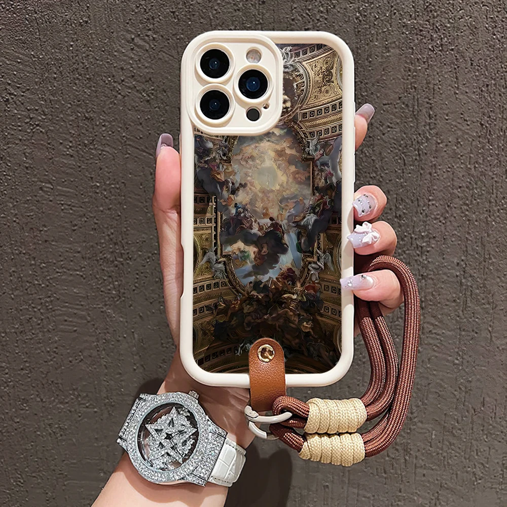 Retro-Kunst-Religion-Collage Silikon-Handyhülle für iPhone 16 17 Pro 15 14 13 12 11 Pro Max 16E 7 8 Plus XR XS mit Lanyard-Hülle – Detail 1