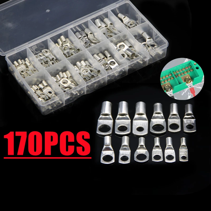 170PCS  Copper Ring Crimp Wire TerminalSoldering Connector  Bare Cable Battery Terminal With Plastic Box