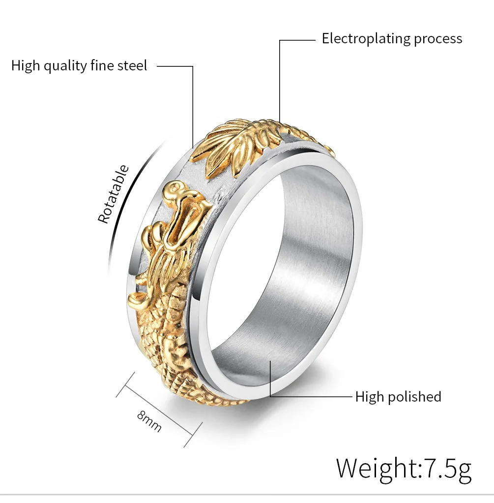 Stainless Steel Male Men Rotated Rotatable Rings Dragon Loong Gold Color Fashion Jewelry USA Size 7 8 9 10 11