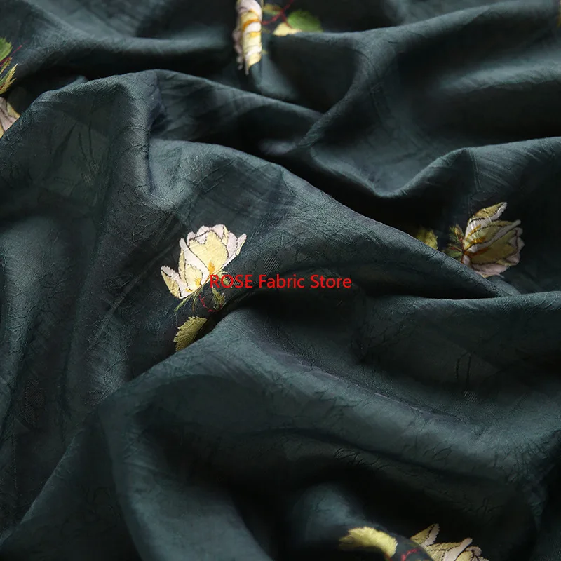 1 Meter Rose Embroidered Silk Jacquard Fabric Summer Dress Shirt Hanfu Cheongsam Decorative Sewing Fabric