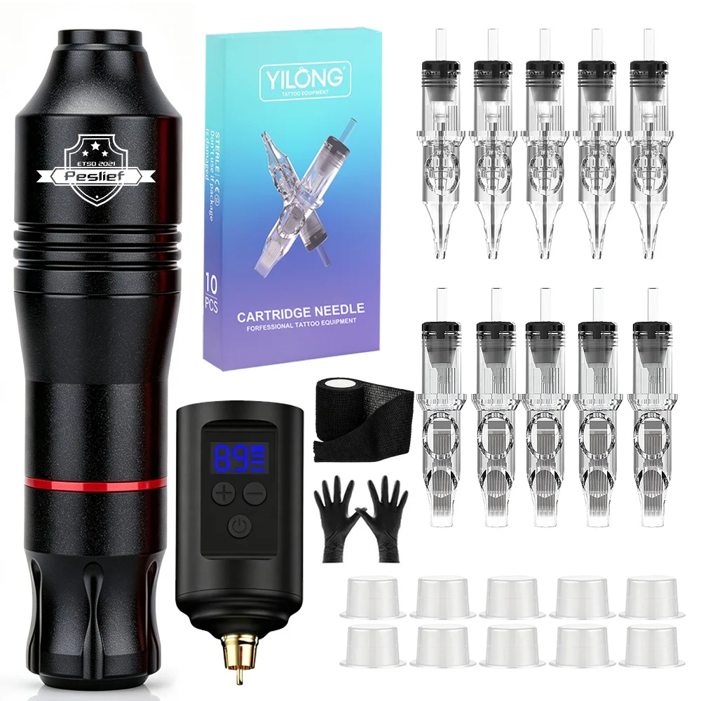 Wireless Tattoo Pen Kit Rotary Tattoo Machine 1500mAh Battery LED Digital Display with Mixed Tattoo Needles for Body Art Supplie