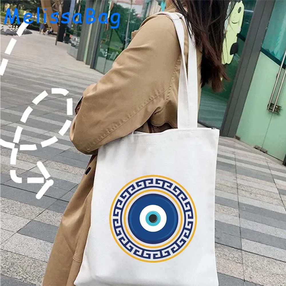 Graffiti Greek Nazar Blue Evil Eye Tree Groovy Flower Blue Mandala Cute Gifts Shoulder Canvas Totes Shopping Bag Travel Handbags