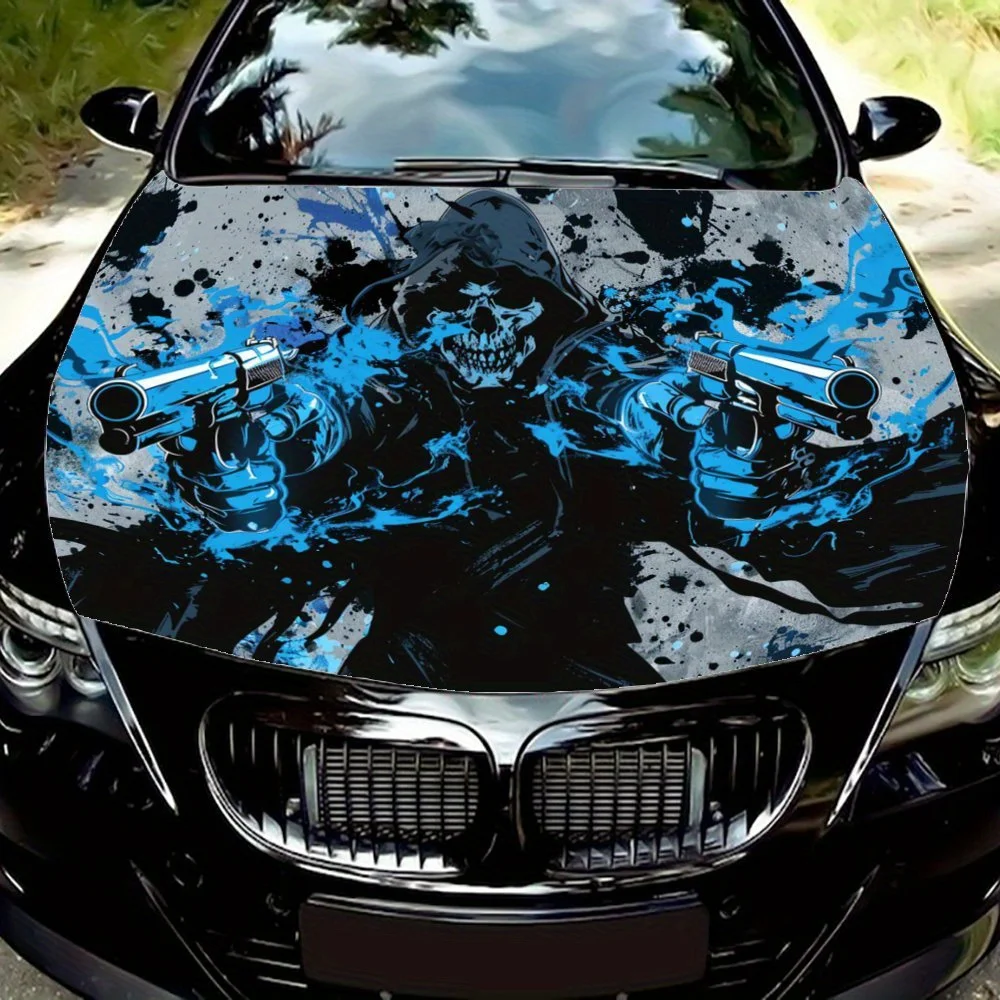 

Dark Night Blue Flame: Skull Dual Pistol Duel Graphics Car Vinyl Wraps, Vinyl Car Hood Graphics, Classic Graphics Vinyl