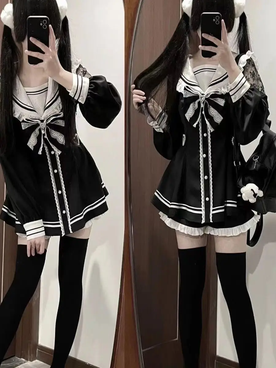 

Cute Sweet Sailor Suit JK Set Skirt orties Autumn Winter Faionable Outfit Japanese orm Lovely Two Piece Set for Girls