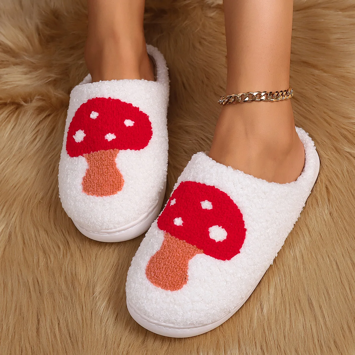 Winter Warm Mushroom Slippers For Woman Home Slippers Cozy Comfortable Style Embroidered Soft Houseshoes Female Shoes Pantuflas