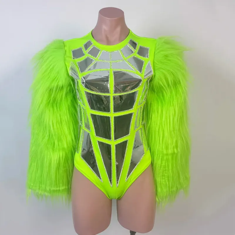 

Fluorescent Green Pink Laser Fur Sleeve Bodysuit Women Drag Queen Costume Bar Singer Leading Dance Concert Performance Costume