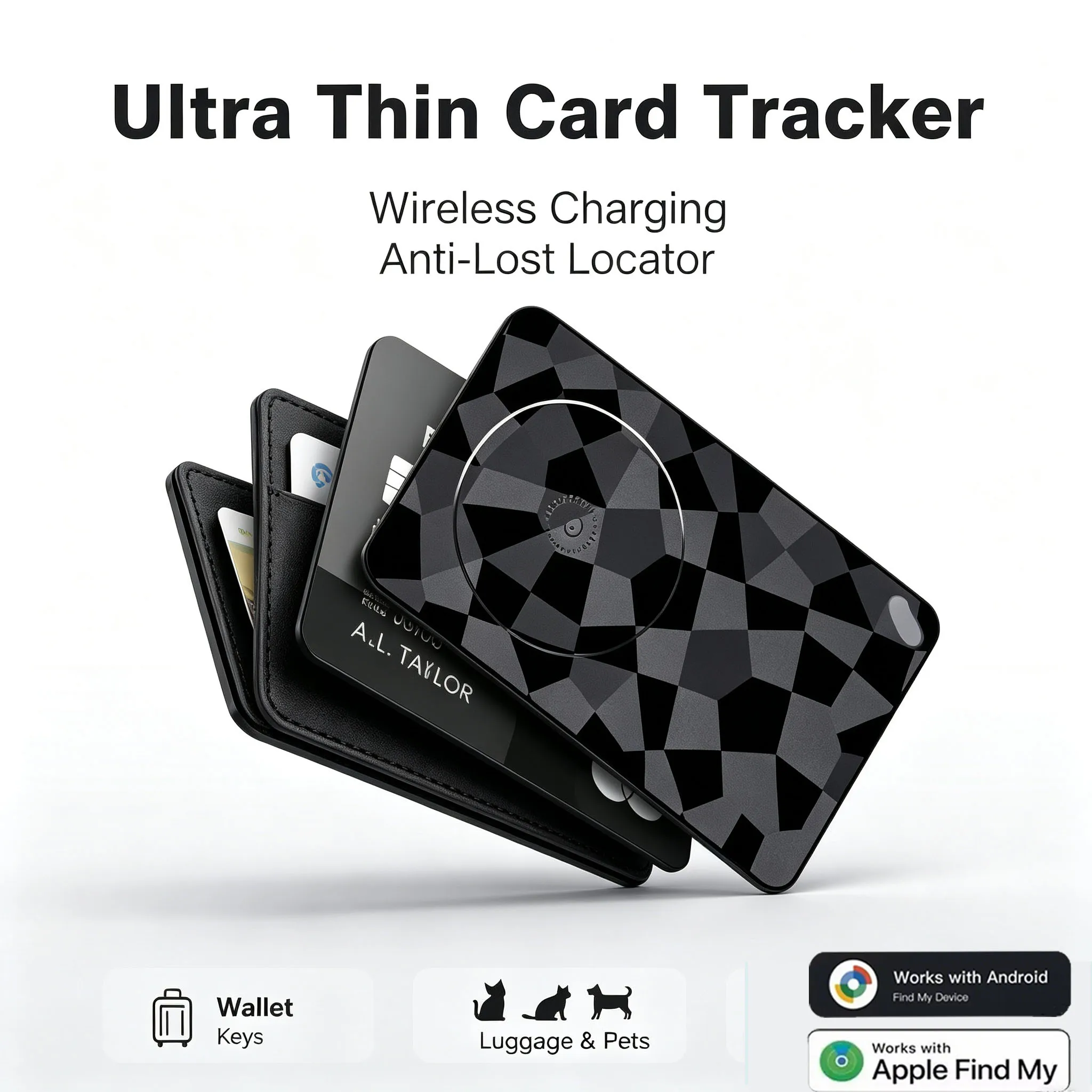 Slim Wireless Charging Smart Tracker Card GPS Locator Wallet Keys Luggage Pets Cat Dog Anti-Lost Finder Compatible iOS Android