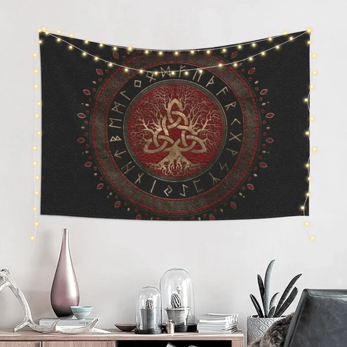 Tree of life with Triquetra Black Red Leather and gold Tapestry Decor Home House Decorations Bathroom Decor Tapestry