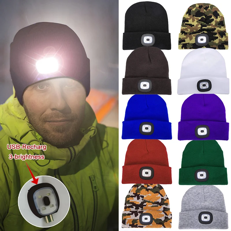 Comfortable Warm Beanie Cap With LED Lighted USB Rechargeable Men's And Women's Knitting Fishing Hat Portable Warm Woolen Bonnet