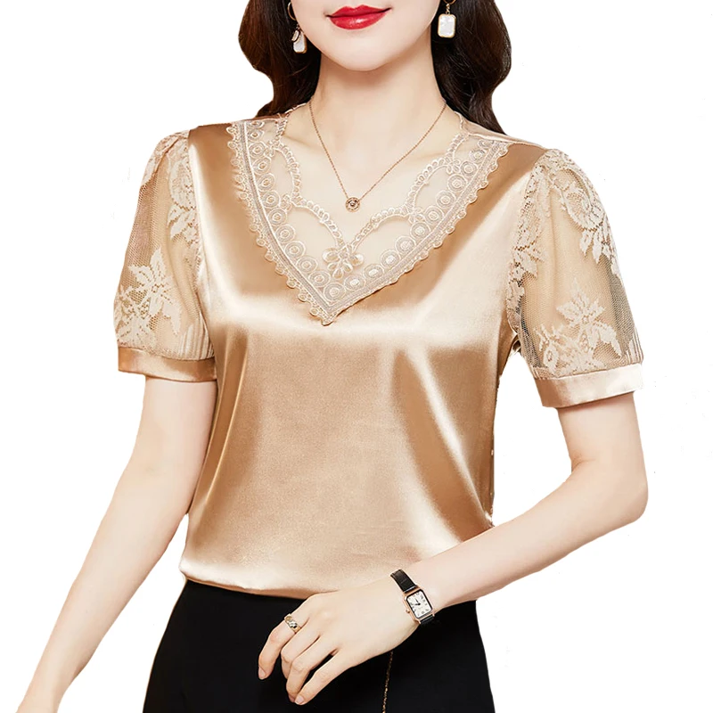 M-4XL Elegant Satin Lace shirt Summer Short Sleeve Casual clothing V neck Women blouse Tops blusa feminina