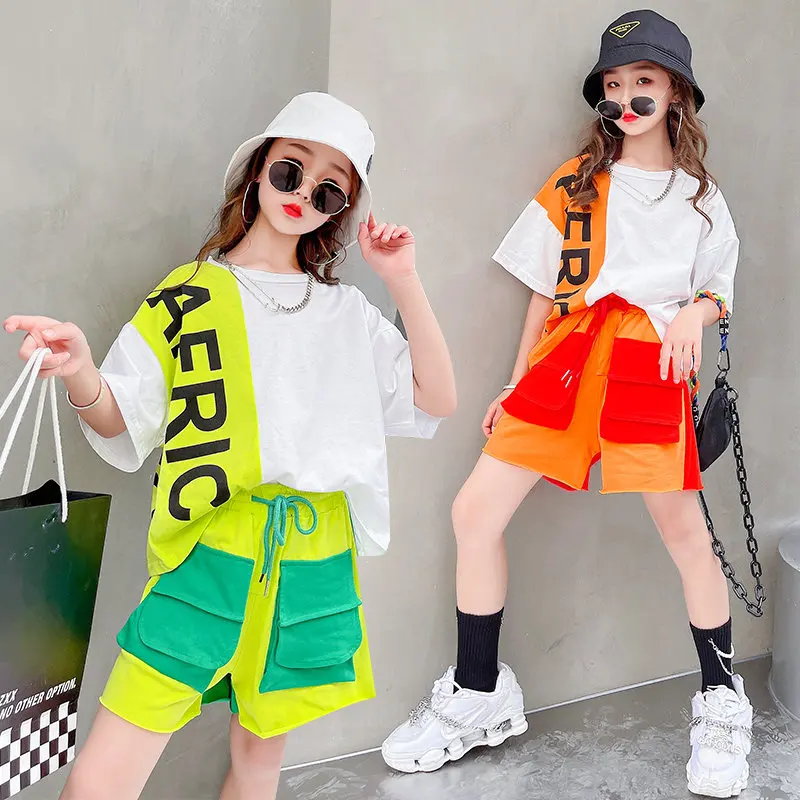 

Summer Teen Girls T-Shirt+Cargo Shorts Fashion Patchwork Hip Hop Performance Suits Children Clothing Sets Teenager 6 8 10 12 14Y