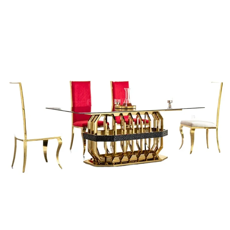 Light luxury tempered glass dining table rectangular luxury stainless steel dining table and chair set
