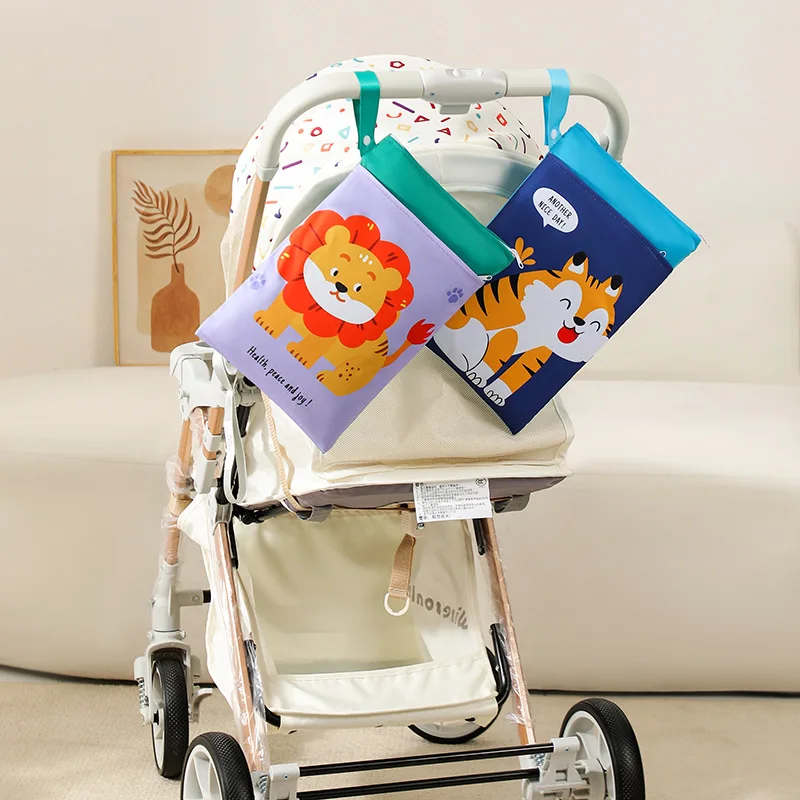 Cartoon Print Baby Diaper Storage Bag Large Capacity Double Zipper Cart Stroller Bag Washable Baby Items Nappy Organizer Hangbag