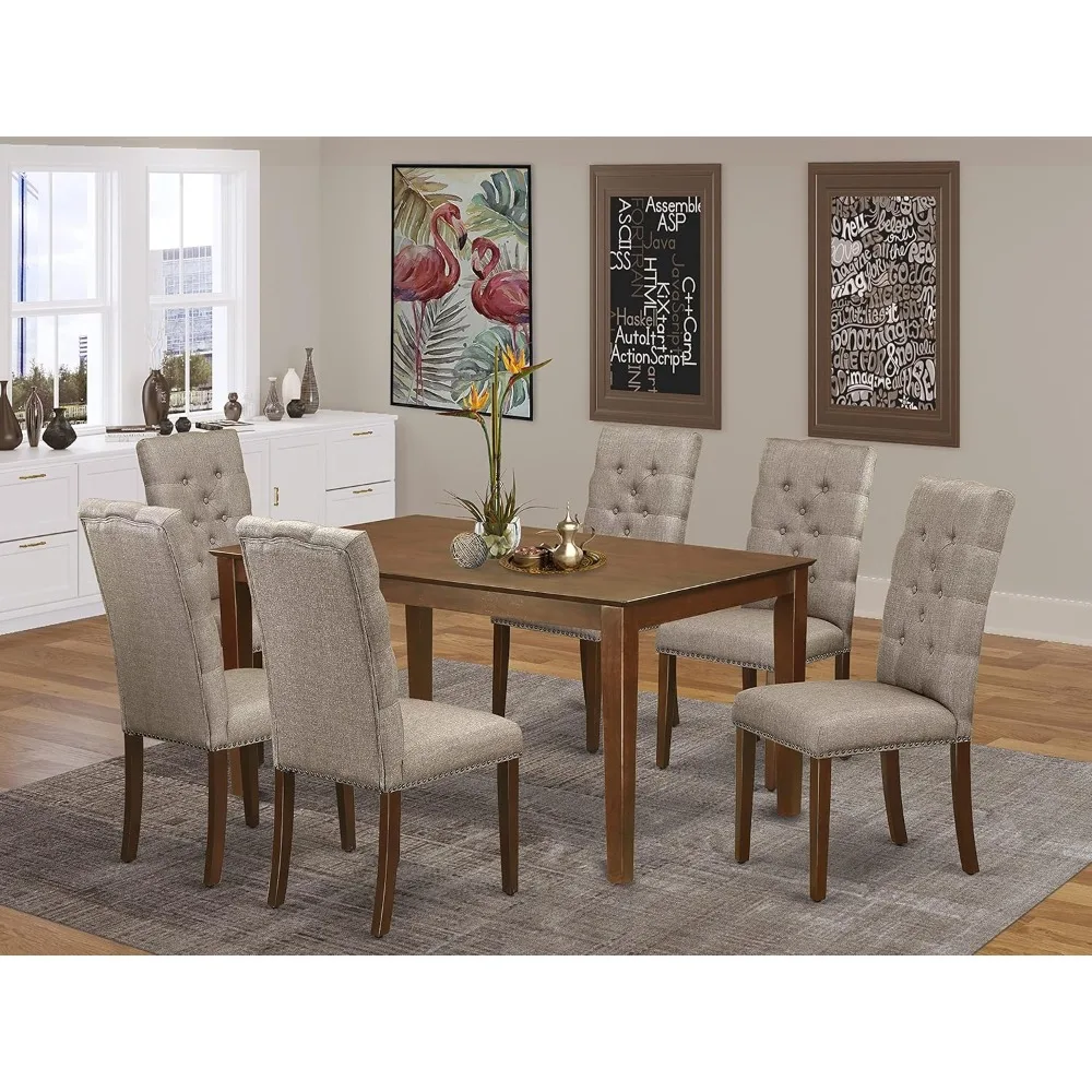 

Dining Tables, 7 Piece Dining Room Set Consist of A Rectangle Wooden Table and 6 Dark Khaki Linen Fabric, Dining Tables