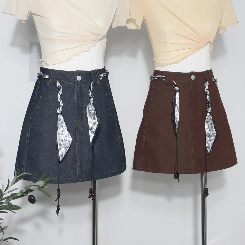 Foulard en soie sangle ceinture rétro taille haute jupe en jean Anti-lumière a-word jupe de hanche