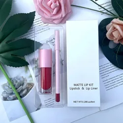 Custom 18 Colors Pink Tube Matte Waterproof Lipgloss& Lipliner Set Long Lasting Easy To War Lip Beauty Set Private Label