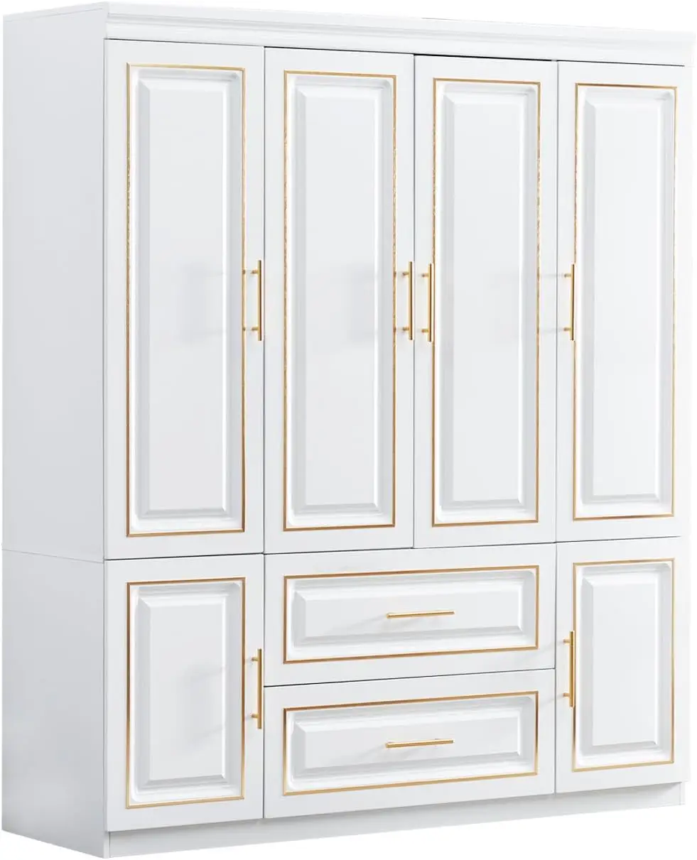 

74" H 4 Doors 2Drawers White Bedroom Wardrobe Freestanding Bathroom Armoire Cabinet with Hanging Rod Shleves for Bedroom