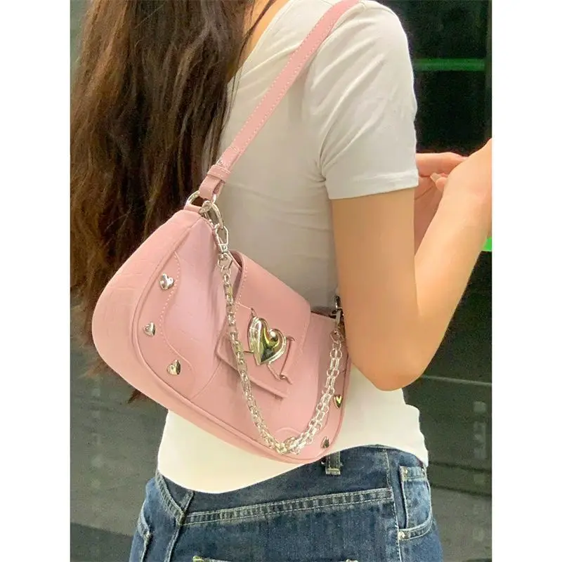 2023 New Fashion Shoulder Bags for Women Y2K Spice Girls Underarm Bag Pink Heart Chain Crossbody Bag Luxury Designer Handbag