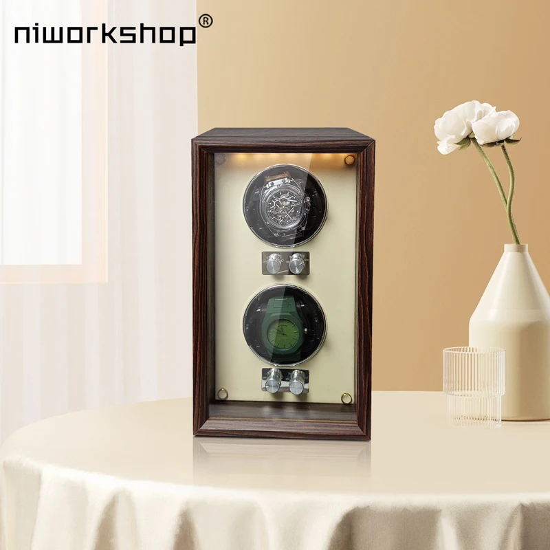 Niworkshop Watch Winder for Automatic Watches,2 Slots Wood Watch Box with Quiet Motor,LED Light,Adjustable Watch Pillows.