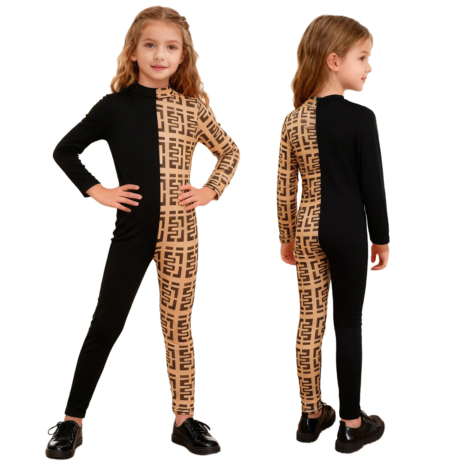 بدلة رقص للتزلج على الجليد للأطفال البنات، بدلة قفز أنيقة مطبوعة للتمرين برقبة وهمية وأكمام طويلة وسحاب بألوان متباينة #2