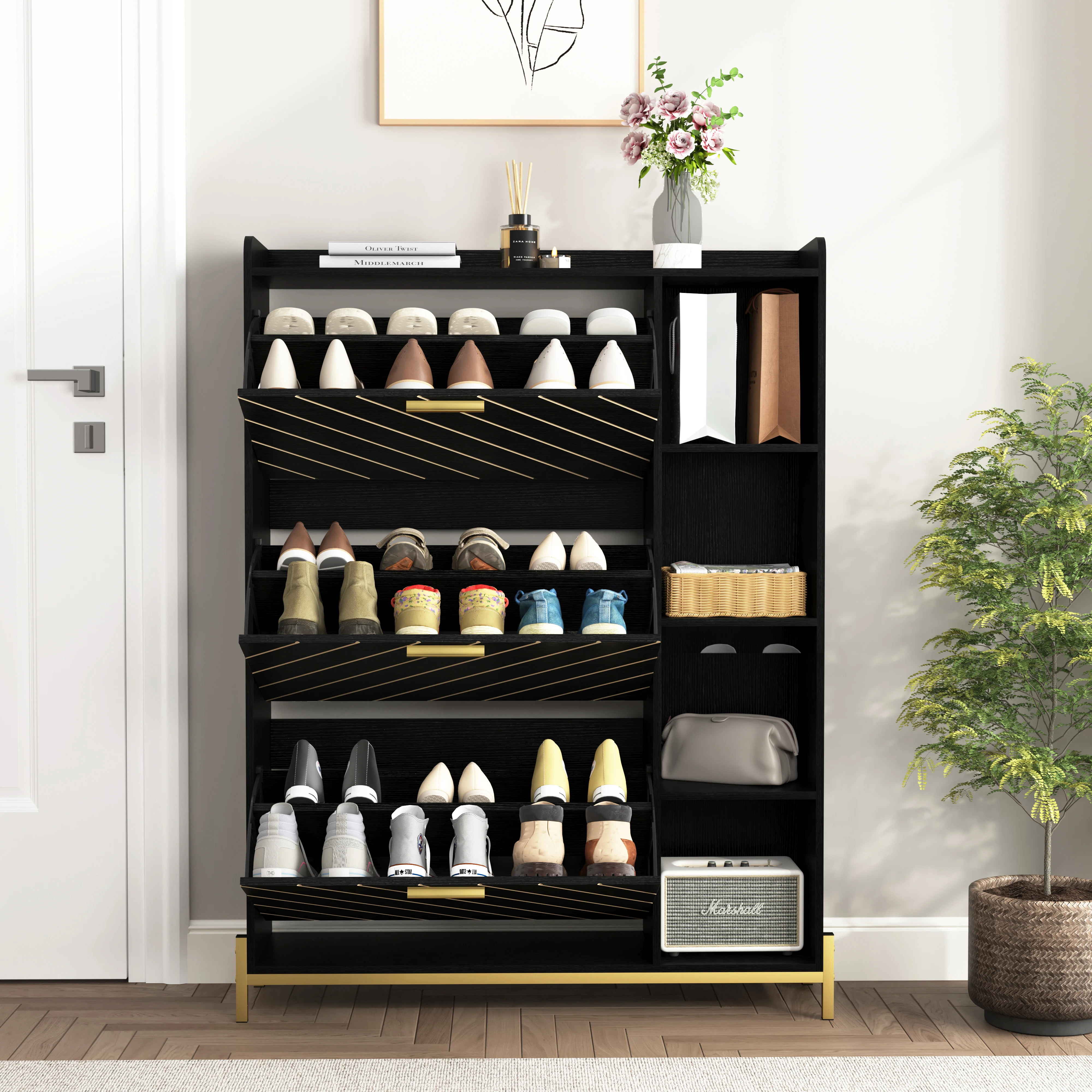 Shoe Cabinet with 3 Flip Drawers & Open Shelves, Modern Entryway Shoe Storage Cabinet Slim, Narrow Hidden Shoe Rack