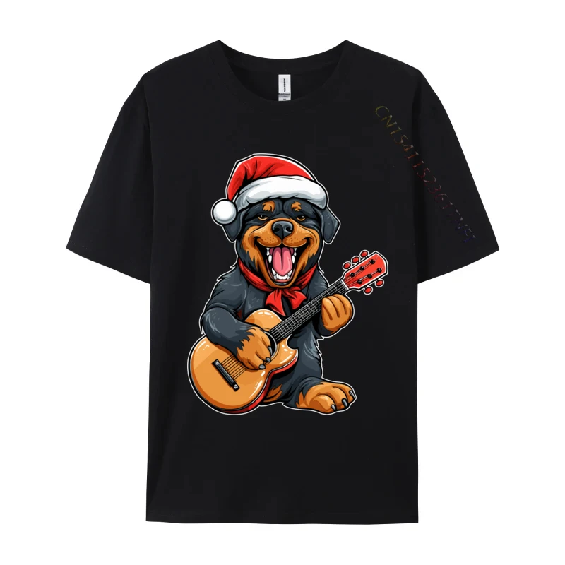 Rottweiler Dog Playing Guitar Christmas Santa Hat Xmas Tshirt For Men Casual Cotton Crew Neck Tshirt Graphic 3d Print