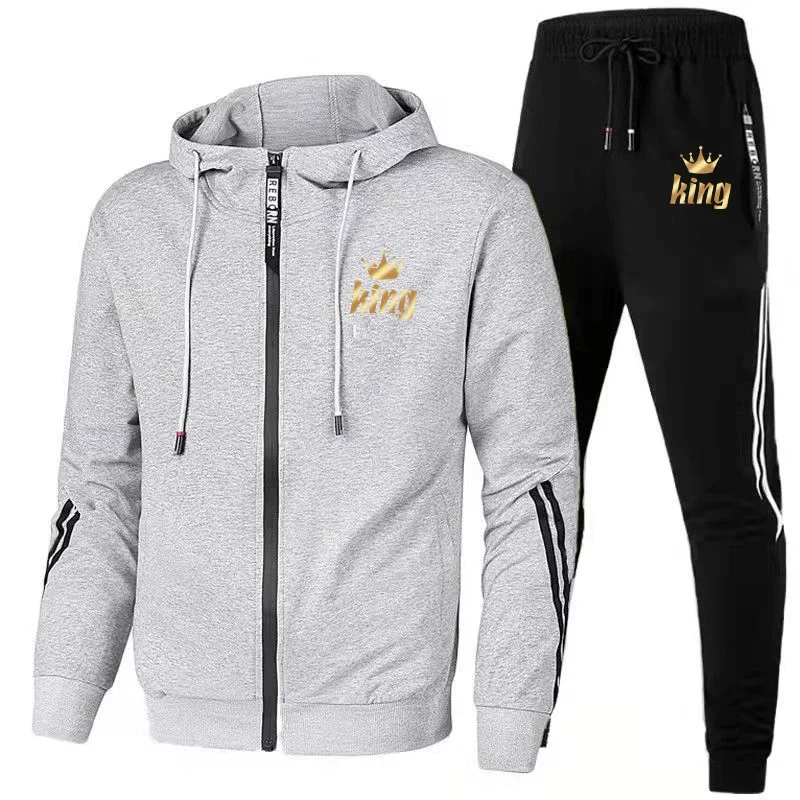 Newest Couple Fashion Zipper Tracksuit Long Sleeve Hoodie + Sports Pants Sets King Queen Pullover Tops Men Women Casual Outfit