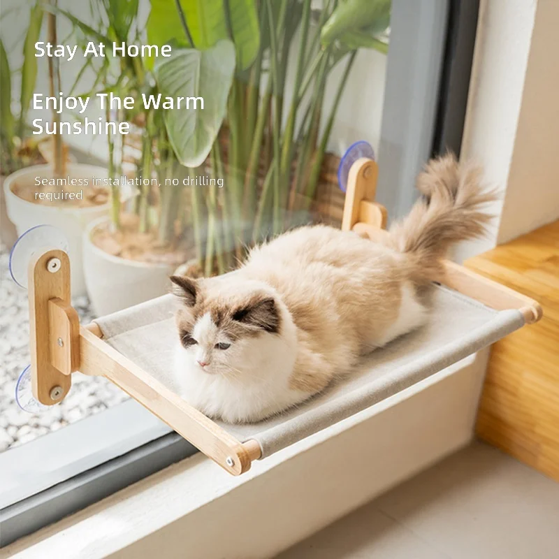 Suction Cup Cat Tree, No-Drill Glass Adhesive Climbing Frame, Solid Wood House, Hammock, Space Capsule Bed