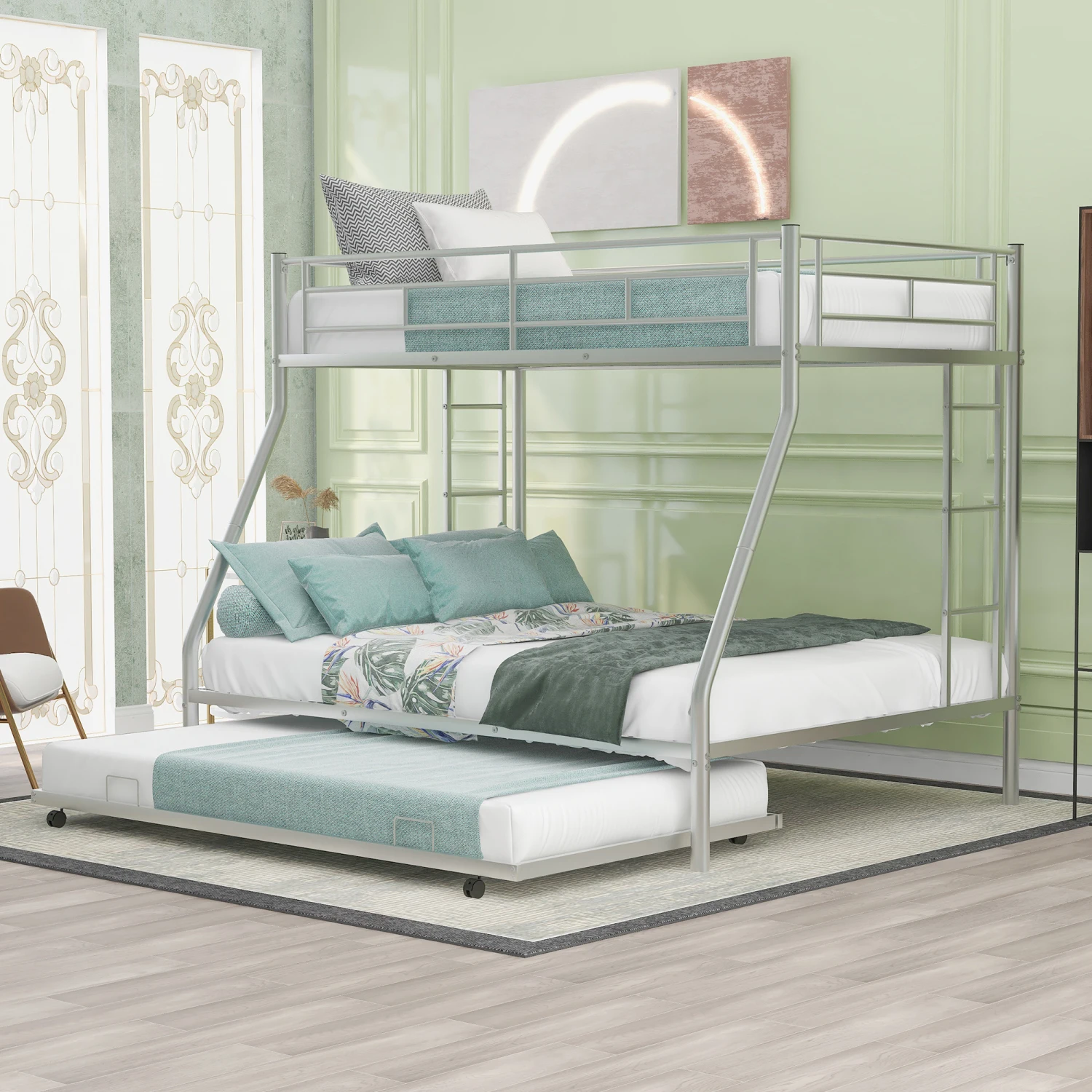 

Twin over Full Bed with Sturdy Steel Frame, Bunk Bed with Twin Size Trundle, Two-Side Ladders, Silver(OLD SKU MF194424AAN)